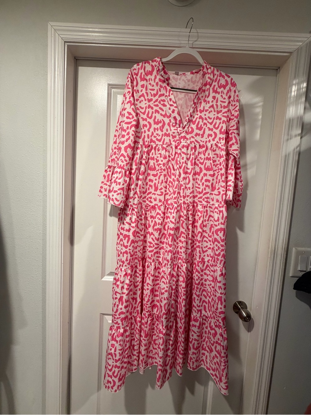 V-Neck Tiered Maxi Dress in Pink Abstract Print